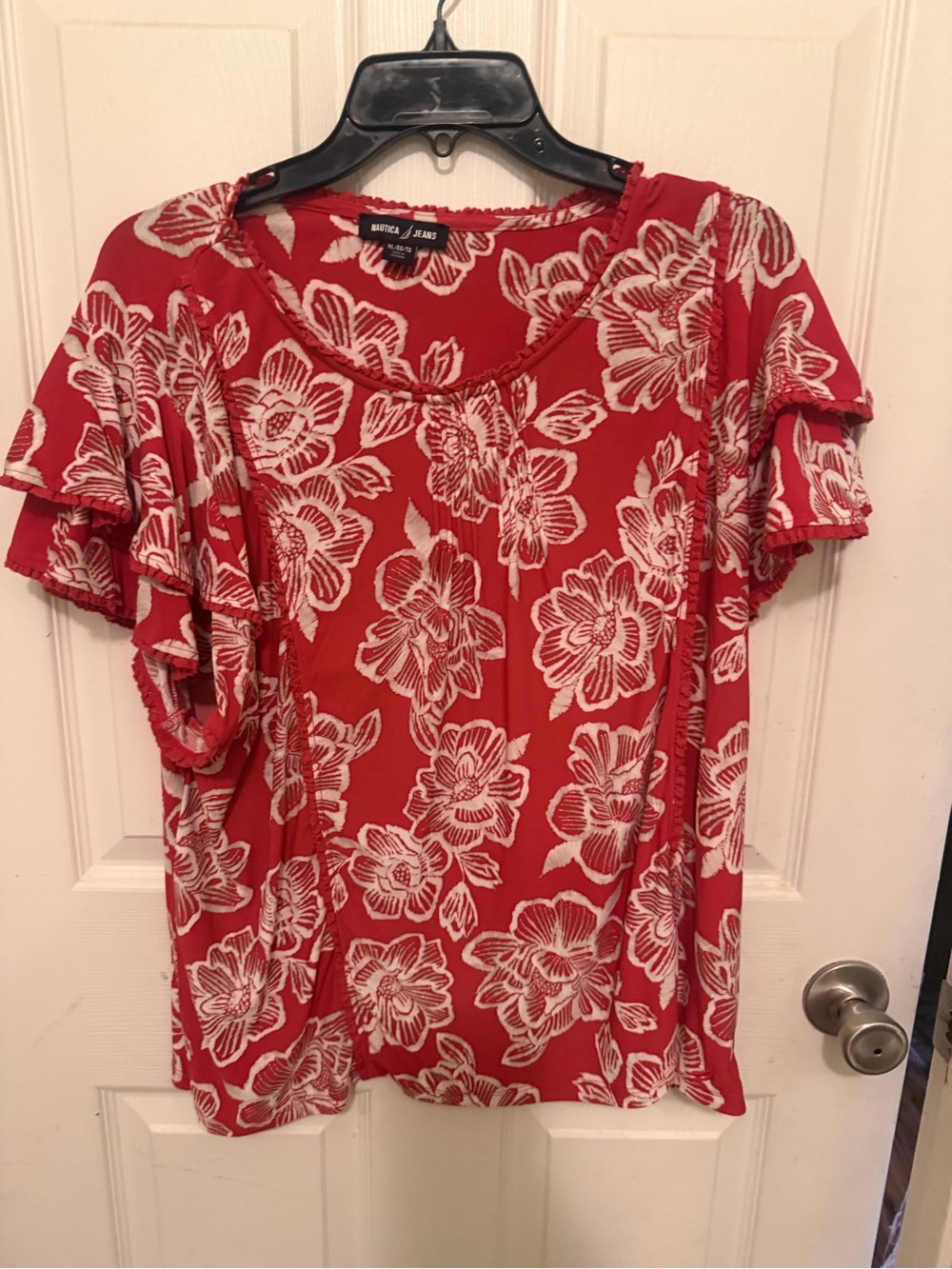 Nautica Red Floral Short-Sleeve Tee with Ivory Print